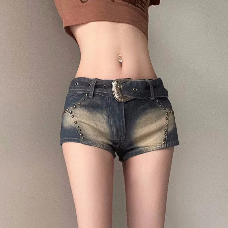 supernfb Summer Sexy Jeans Shorts For Women Rivet Belted Low Rise Jeans Tights Women Booty Shorts Mini Hot Pants Retro Denim Shorts Woman