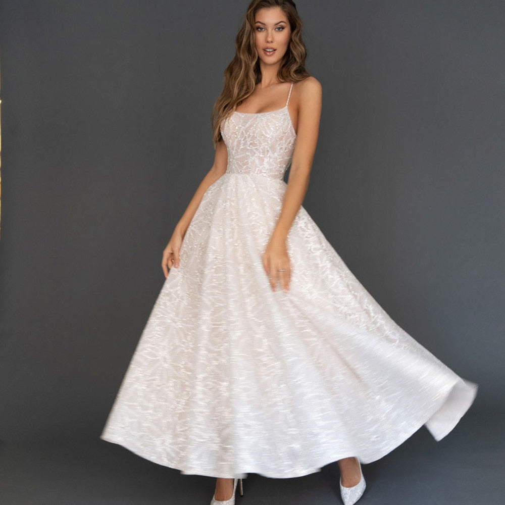 Supernfb Tavimart Glitter A Line Wedding Dresses Spaghetti Straps Sleeveless Ankle Length Bridal Gowns Robe de mariage Women Evening Dress