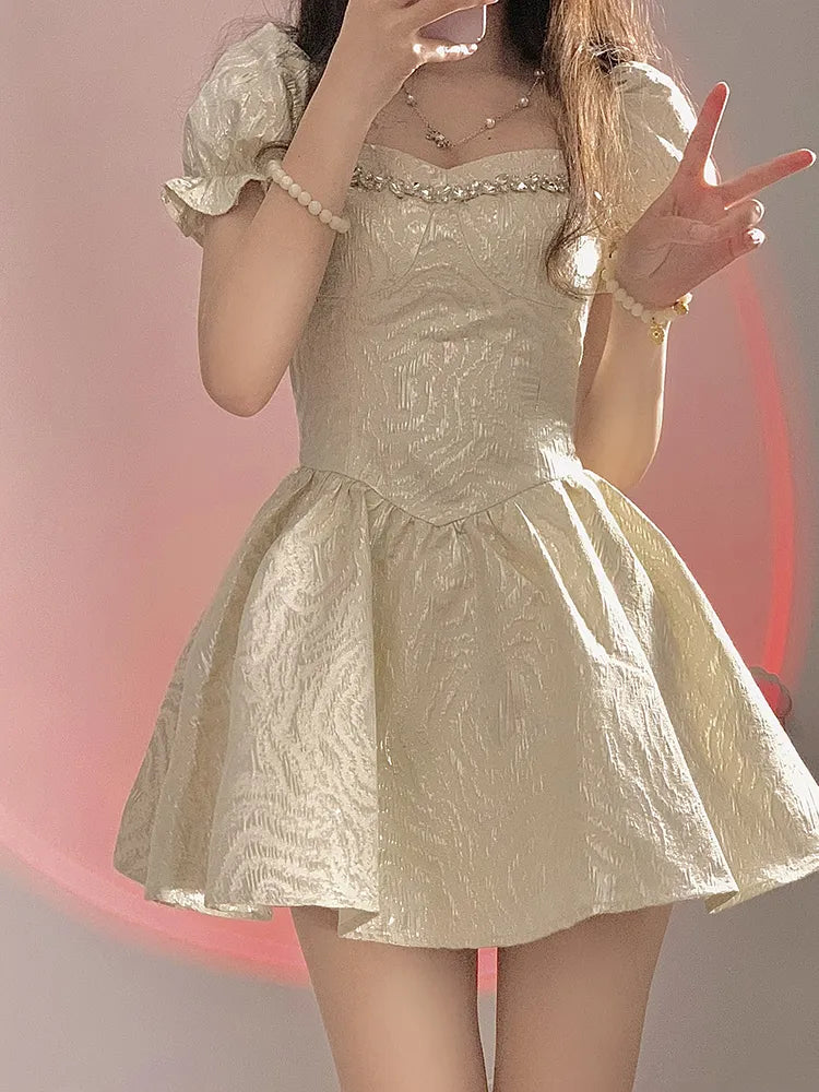 Elegant Vintage Mini Dress Women New Puff Sleeve Casual Party Retro Dress Female Kawaii Fairy Lolita Dress Y2k Clothing