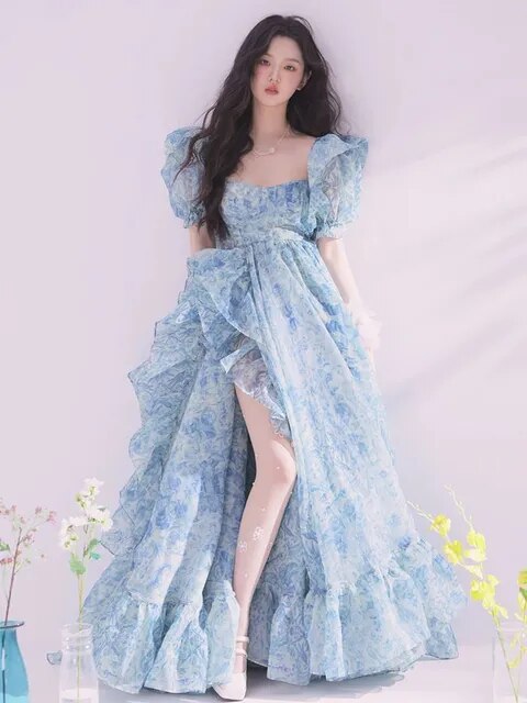 Supernfb Party Dresses Summer Short Puff Sleeve Blue Print Chiffon Women Floor-Length Overlength Princess Long Dress Female