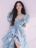 Supernfb Party Dresses Summer Short Puff Sleeve Blue Print Chiffon Women Floor-Length Overlength Princess Long Dress Female