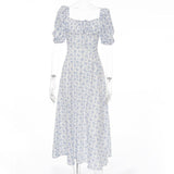 Supernfb Floral Print Summer Dress Women Boho Slit Maxi Long Dress Vintage Beach Dress Puff Sleeve A-line Blue Sundress