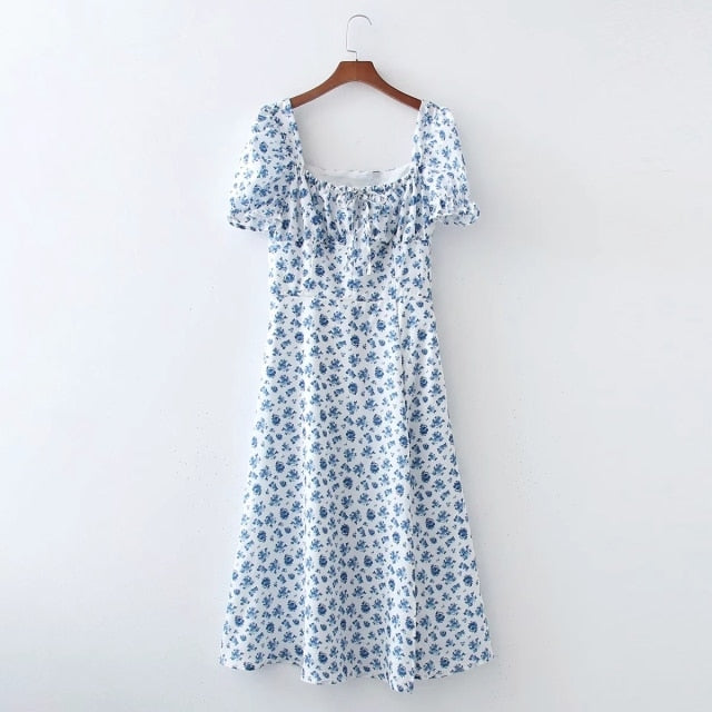 Supernfb Floral Print Summer Dress Women Boho Slit Maxi Long Dress Vintage Beach Dress Puff Sleeve A-line Blue Sundress