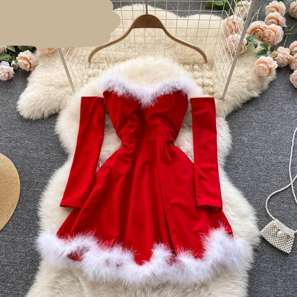 Supernfb Women Elegant Dress For New Year Strapless Backless Furry Sexy Short Mini Christmas Dress Navidad Red Party Dress Femme